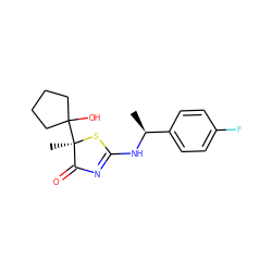 C[C@H](NC1=NC(=O)[C@@](C)(C2(O)CCCC2)S1)c1ccc(F)cc1 ZINC000040863450