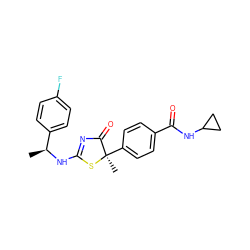 C[C@H](NC1=NC(=O)[C@@](C)(c2ccc(C(=O)NC3CC3)cc2)S1)c1ccc(F)cc1 ZINC000040848108