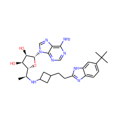 C[C@H](NC1CC(CCc2nc3ccc(C(C)(C)C)cc3[nH]2)C1)[C@H]1O[C@@H](n2cnc3c(N)ncnc32)[C@H](O)[C@@H]1O ZINC001772657799