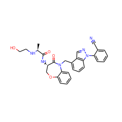 C[C@H](NCCO)C(=O)N[C@H]1COc2ccccc2N(Cc2cccc3c2cnn3-c2ccccc2C#N)C1=O ZINC000220124837