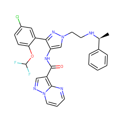 C[C@H](NCCn1cc(NC(=O)c2cnn3cccnc23)c(-c2cc(Cl)ccc2OC(F)F)n1)c1ccccc1 ZINC001772581392