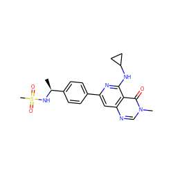 C[C@H](NS(C)(=O)=O)c1ccc(-c2cc3ncn(C)c(=O)c3c(NC3CC3)n2)cc1 ZINC000143481392