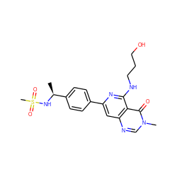 C[C@H](NS(C)(=O)=O)c1ccc(-c2cc3ncn(C)c(=O)c3c(NCCCO)n2)cc1 ZINC000143527103