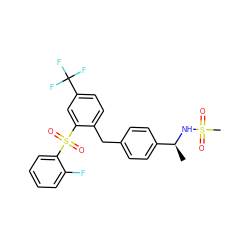 C[C@H](NS(C)(=O)=O)c1ccc(Cc2ccc(C(F)(F)F)cc2S(=O)(=O)c2ccccc2F)cc1 ZINC000028527413