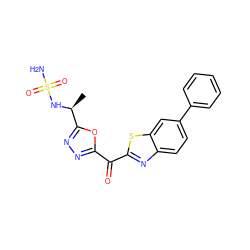 C[C@H](NS(N)(=O)=O)c1nnc(C(=O)c2nc3ccc(-c4ccccc4)cc3s2)o1 ZINC001772625820