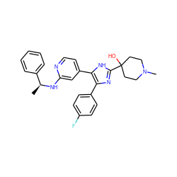 C[C@H](Nc1cc(-c2[nH]c(C3(O)CCN(C)CC3)nc2-c2ccc(F)cc2)ccn1)c1ccccc1 ZINC000027189000