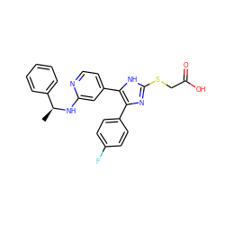 C[C@H](Nc1cc(-c2[nH]c(SCC(=O)O)nc2-c2ccc(F)cc2)ccn1)c1ccccc1 ZINC000042891246