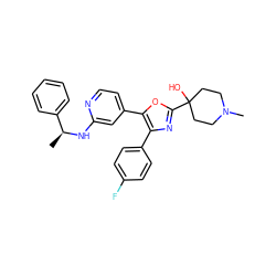 C[C@H](Nc1cc(-c2oc(C3(O)CCN(C)CC3)nc2-c2ccc(F)cc2)ccn1)c1ccccc1 ZINC000027109136