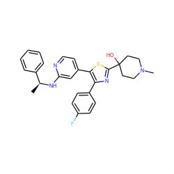 C[C@H](Nc1cc(-c2sc(C3(O)CCN(C)CC3)nc2-c2ccc(F)cc2)ccn1)c1ccccc1 ZINC000027107565