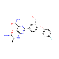 C[C@H](Nc1cc(C(N)=O)nc(-c2ccc(Oc3ccc(F)cc3)c(CO)c2)n1)C(N)=O ZINC000142474251