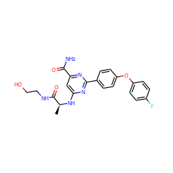 C[C@H](Nc1cc(C(N)=O)nc(-c2ccc(Oc3ccc(F)cc3)cc2)n1)C(=O)NCCO ZINC000142484907