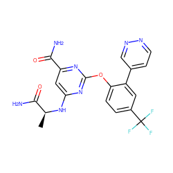 C[C@H](Nc1cc(C(N)=O)nc(Oc2ccc(C(F)(F)F)cc2-c2ccnnc2)n1)C(N)=O ZINC000142386747