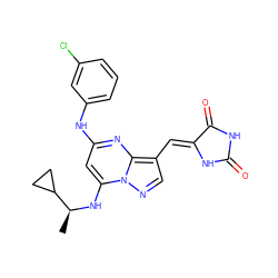 C[C@H](Nc1cc(Nc2cccc(Cl)c2)nc2c(/C=C3\NC(=O)NC3=O)cnn12)C1CC1 ZINC000205041205