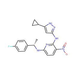 C[C@H](Nc1ccc([N+](=O)[O-])c(Nc2cc(C3CC3)[nH]n2)n1)c1ccc(F)cc1 ZINC000043131570