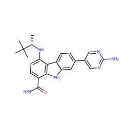 C[C@H](Nc1ccc(C(N)=O)c2[nH]c3cc(-c4cnc(N)nc4)ccc3c12)C(C)(C)C ZINC000072125039