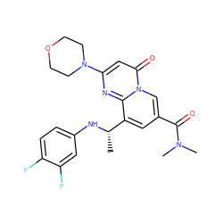 C[C@H](Nc1ccc(F)c(F)c1)c1cc(C(=O)N(C)C)cn2c(=O)cc(N3CCOCC3)nc12 ZINC000299826720