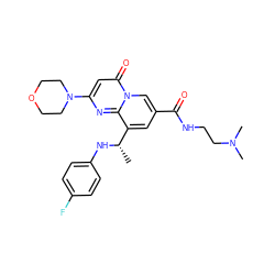 C[C@H](Nc1ccc(F)cc1)c1cc(C(=O)NCCN(C)C)cn2c(=O)cc(N3CCOCC3)nc12 ZINC000299830952