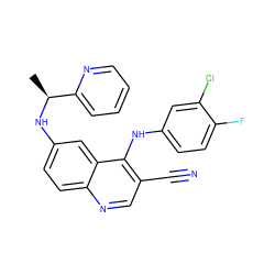 C[C@H](Nc1ccc2ncc(C#N)c(Nc3ccc(F)c(Cl)c3)c2c1)c1ccccn1 ZINC000036177455