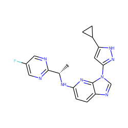 C[C@H](Nc1ccc2ncn(-c3cc(C4CC4)[nH]n3)c2n1)c1ncc(F)cn1 ZINC000043200602