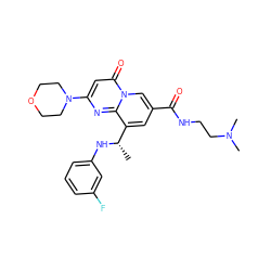 C[C@H](Nc1cccc(F)c1)c1cc(C(=O)NCCN(C)C)cn2c(=O)cc(N3CCOCC3)nc12 ZINC000299829923