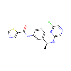 C[C@H](Nc1cncc(Cl)n1)c1cccc(NC(=O)c2cncs2)c1 ZINC000040900652