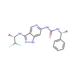 C[C@H](Nc1n[nH]c2cc(NC(=O)N[C@H](C)c3ccccc3)ncc12)C(F)F ZINC001772582113