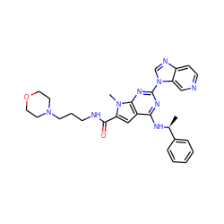 C[C@H](Nc1nc(-n2cnc3ccncc32)nc2c1cc(C(=O)NCCCN1CCOCC1)n2C)c1ccccc1 ZINC000028822408