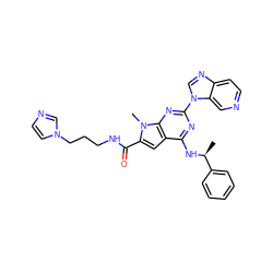 C[C@H](Nc1nc(-n2cnc3ccncc32)nc2c1cc(C(=O)NCCCn1ccnc1)n2C)c1ccccc1 ZINC000028822410