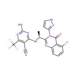 C[C@H](Nc1nc(N)nc(C(F)(F)F)c1C#N)c1nc2cccc(Cl)c2c(=O)n1-c1cc[nH]n1 ZINC001772600998