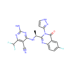 C[C@H](Nc1nc(N)nc(C(F)F)c1C#N)c1nc2ccc(F)cc2c(=O)n1-c1cc[nH]n1 ZINC001772594378