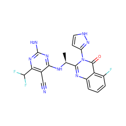 C[C@H](Nc1nc(N)nc(C(F)F)c1C#N)c1nc2cccc(F)c2c(=O)n1-c1cc[nH]n1 ZINC001772622295