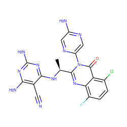 C[C@H](Nc1nc(N)nc(N)c1C#N)c1nc2c(F)ccc(Cl)c2c(=O)n1-c1cnc(N)cn1 ZINC001772600376