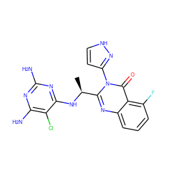 C[C@H](Nc1nc(N)nc(N)c1Cl)c1nc2cccc(F)c2c(=O)n1-c1cc[nH]n1 ZINC001772584670