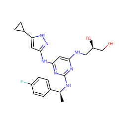 C[C@H](Nc1nc(NC[C@@H](O)CO)cc(Nc2cc(C3CC3)[nH]n2)n1)c1ccc(F)cc1 ZINC000040380713