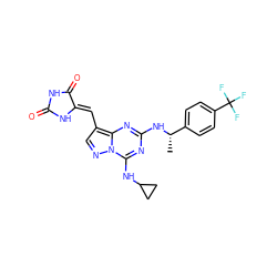 C[C@H](Nc1nc(NC2CC2)n2ncc(/C=C3\NC(=O)NC3=O)c2n1)c1ccc(C(F)(F)F)cc1 ZINC000205026288