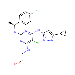 C[C@H](Nc1nc(NCCO)c(Cl)c(Nc2cc(C3CC3)[nH]n2)n1)c1ccc(F)cc1 ZINC000040847099