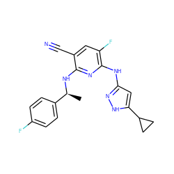 C[C@H](Nc1nc(Nc2cc(C3CC3)[nH]n2)c(F)cc1C#N)c1ccc(F)cc1 ZINC000035996724