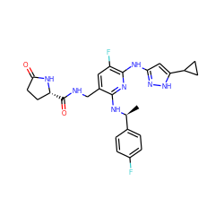 C[C@H](Nc1nc(Nc2cc(C3CC3)[nH]n2)c(F)cc1CNC(=O)[C@@H]1CCC(=O)N1)c1ccc(F)cc1 ZINC000043131574