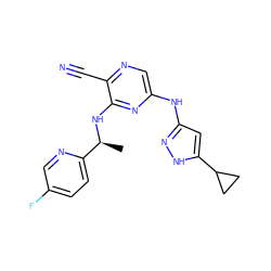 C[C@H](Nc1nc(Nc2cc(C3CC3)[nH]n2)cnc1C#N)c1ccc(F)cn1 ZINC000045298431