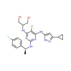 C[C@H](Nc1nc(Nc2cc(C3CC3)n[nH]2)c(Cl)c(NC(CO)CO)n1)c1ccc(F)cc1 ZINC000040860351