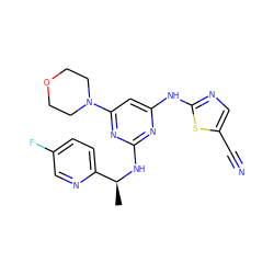 C[C@H](Nc1nc(Nc2ncc(C#N)s2)cc(N2CCOCC2)n1)c1ccc(F)cn1 ZINC000043200598