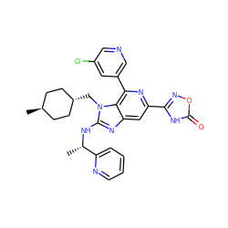 C[C@H](Nc1nc2cc(-c3noc(=O)[nH]3)nc(-c3cncc(Cl)c3)c2n1C[C@H]1CC[C@H](C)CC1)c1ccccn1 ZINC000261107369