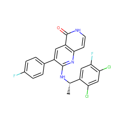 C[C@H](Nc1nc2cc[nH]c(=O)c2cc1-c1ccc(F)cc1)c1cc(F)c(Cl)cc1Cl ZINC000064559452