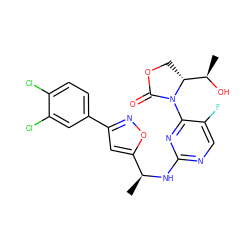 C[C@H](Nc1ncc(F)c(N2C(=O)OC[C@@H]2[C@@H](C)O)n1)c1cc(-c2ccc(Cl)c(Cl)c2)no1 ZINC000218136427