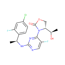 C[C@H](Nc1ncc(F)c(N2C(=O)OC[C@@H]2[C@@H](C)O)n1)c1ccc(Cl)cc1F ZINC000221676799