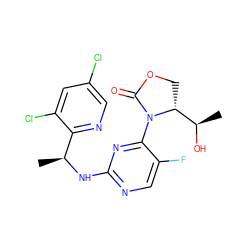 C[C@H](Nc1ncc(F)c(N2C(=O)OC[C@@H]2[C@@H](C)O)n1)c1ncc(Cl)cc1Cl ZINC000221678024