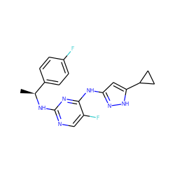 C[C@H](Nc1ncc(F)c(Nc2cc(C3CC3)[nH]n2)n1)c1ccc(F)cc1 ZINC000040380038