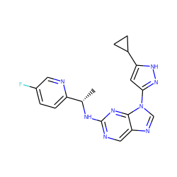 C[C@H](Nc1ncc2ncn(-c3cc(C4CC4)[nH]n3)c2n1)c1ccc(F)cn1 ZINC000096167834