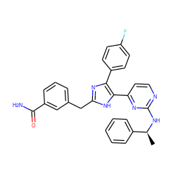 C[C@H](Nc1nccc(-c2[nH]c(Cc3cccc(C(N)=O)c3)nc2-c2ccc(F)cc2)n1)c1ccccc1 ZINC000040421016