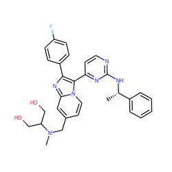 C[C@H](Nc1nccc(-c2c(-c3ccc(F)cc3)nc3cc(CN(C)C(CO)CO)ccn23)n1)c1ccccc1 ZINC000028822149